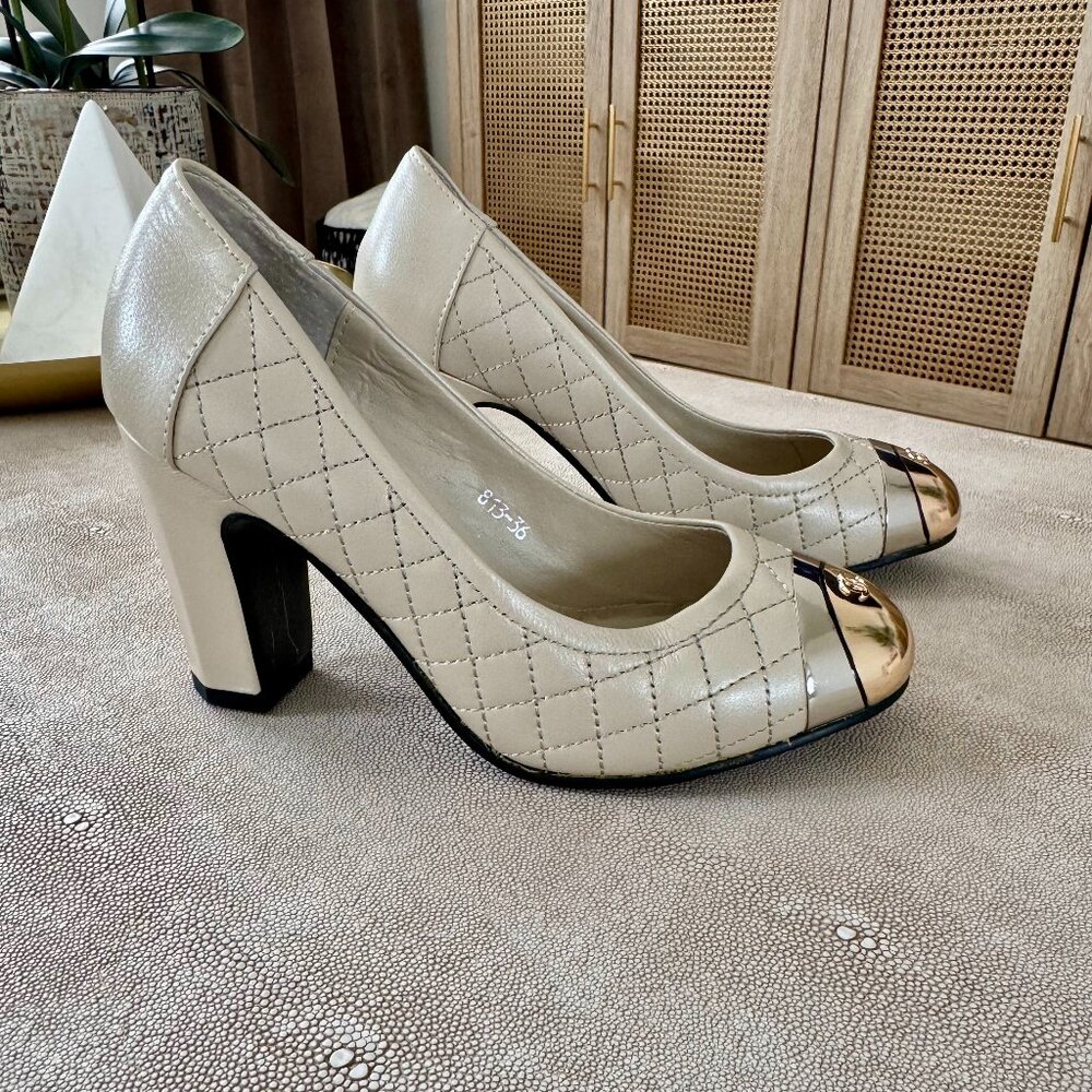 Classic Chanel Beige Lambskin Leather Mid Heels